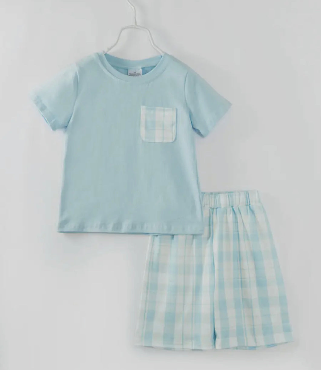 Ice Blue Plaid Shorts Set