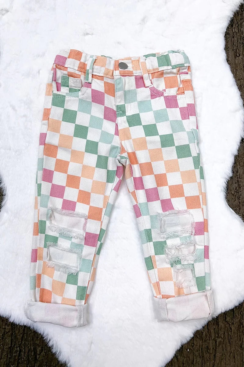 Multicolor Checker Distressed Denim Pants