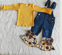 Load image into Gallery viewer, Mustard Sunflower Denim Overalls Set
