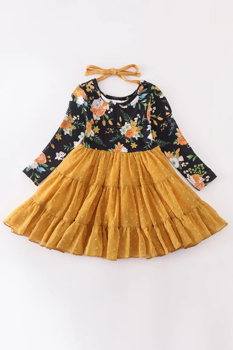 Mustard Black Floral Tutu Dress