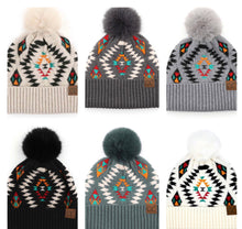 Load image into Gallery viewer, Aztec  Pattern Beanie Fur Pom
