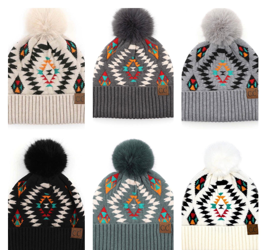 Aztec  Pattern Beanie Fur Pom