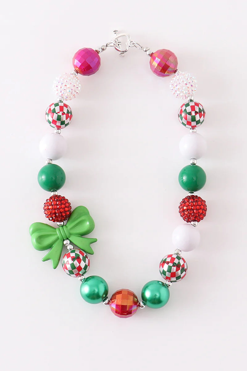 Green red bow chunky necklace  Length