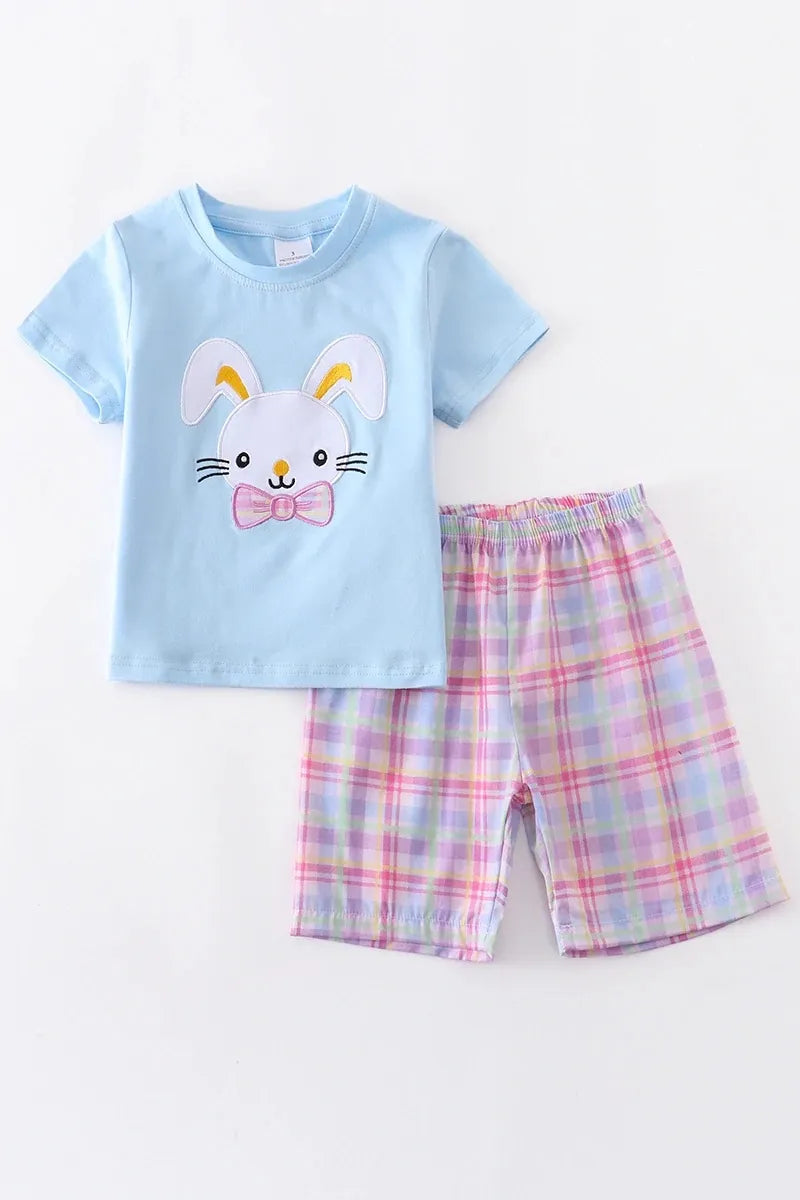 Blue Plaid Rabbit Shorts Set