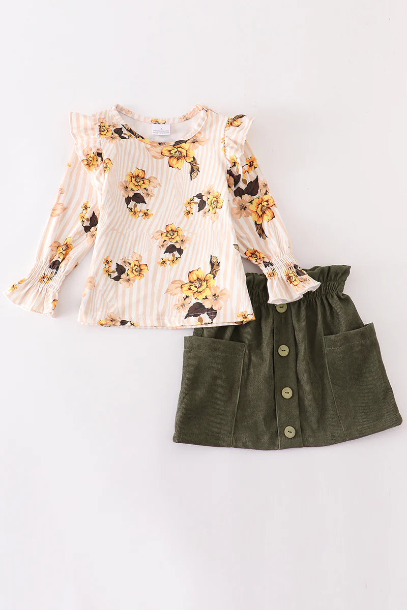 Dark Green floral Skirt Set